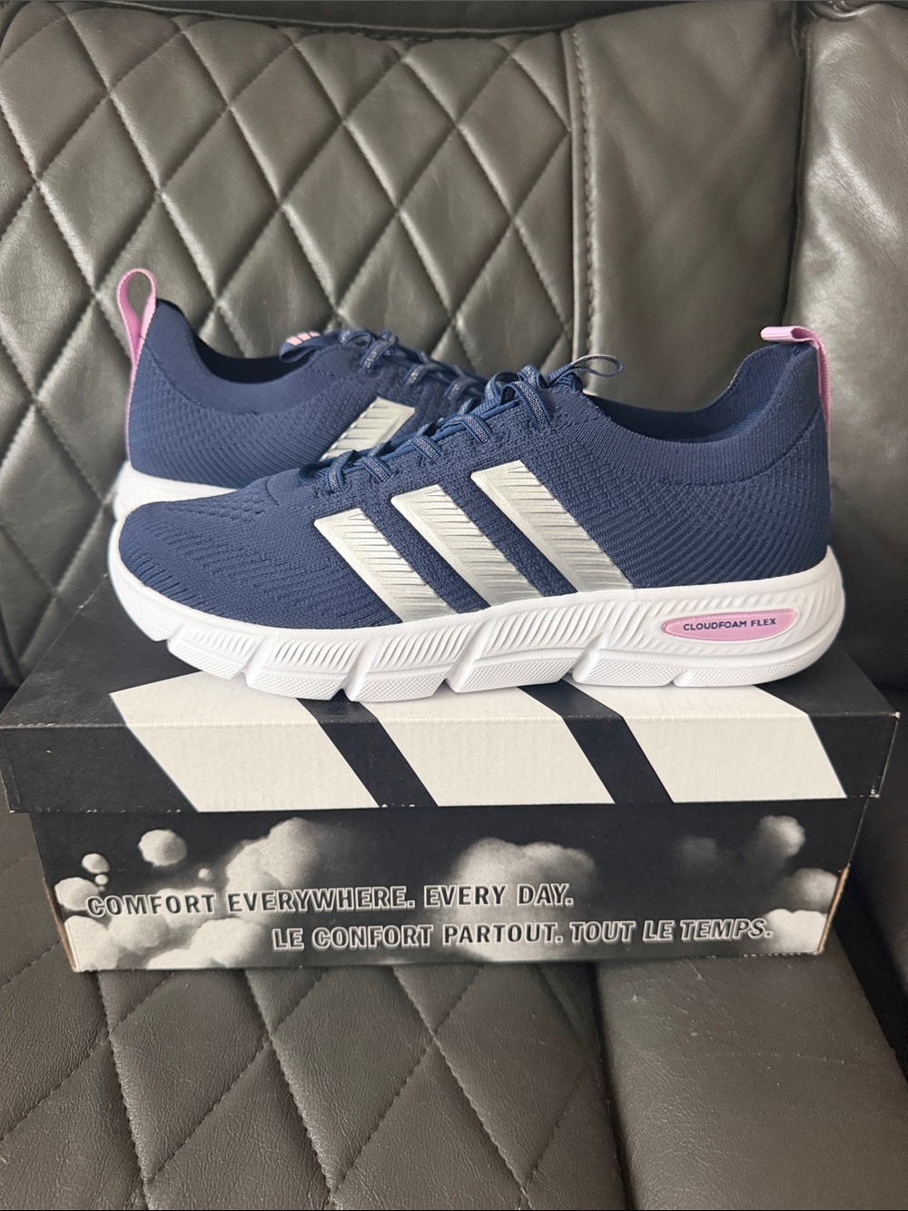 adidas Women’s Navy Knit Cloudfoam Flex Running Sneakers with Pink Accents